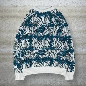 Vintage 90s Sweater Mens L White Blue Made in USA 100% Acrylic Crewneck Pullover
